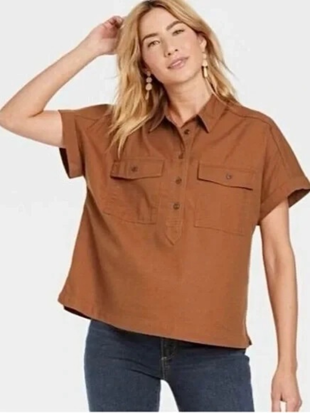Universal Thread | Ochre Collared Pullover Button-Up Camp Shirt in Brown